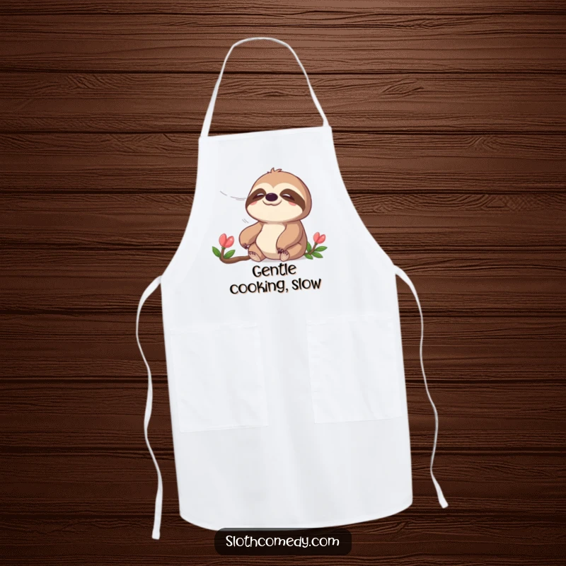 Funny apron showing a peaceful sloth enjoying a gentle breeze, ideal for kitchen use and bringing a calm vibe, a funny gift.