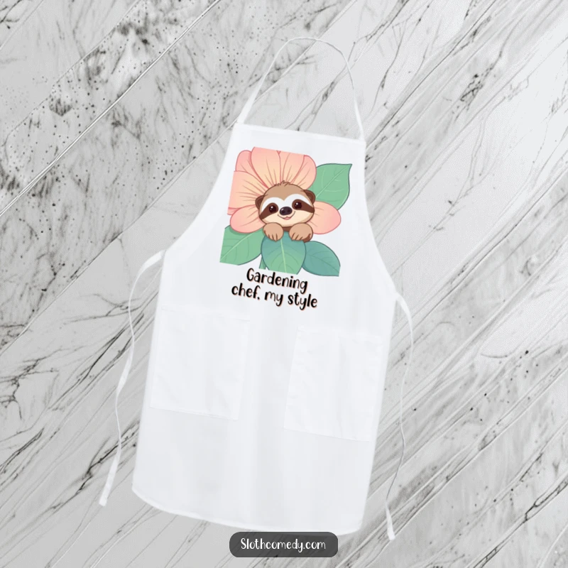 Funny Sloth Apron: Features a smiling sloth character peeking from behind a large flower, adding a humorous and charming vibe to cooking.