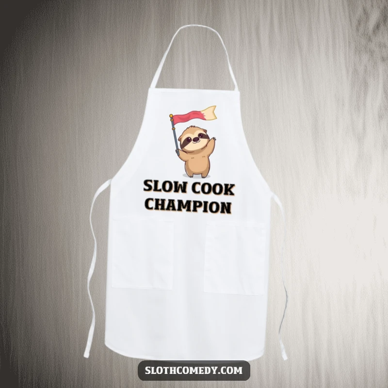 Funny kitchen apron with a sloth character slowly waving an oversized flag, perfect for humorous and relaxed cooking adventures.