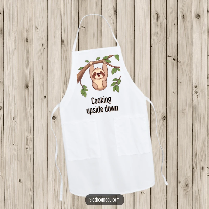 Funny kitchen apron with a sloth giggling while hanging upside down from a branch, perfect for humorous and relaxed cooking.