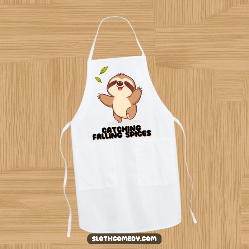 Funny kitchen apron with a sloth comically trying to catch a falling leaf, perfect for humorous and relaxed cooking.
