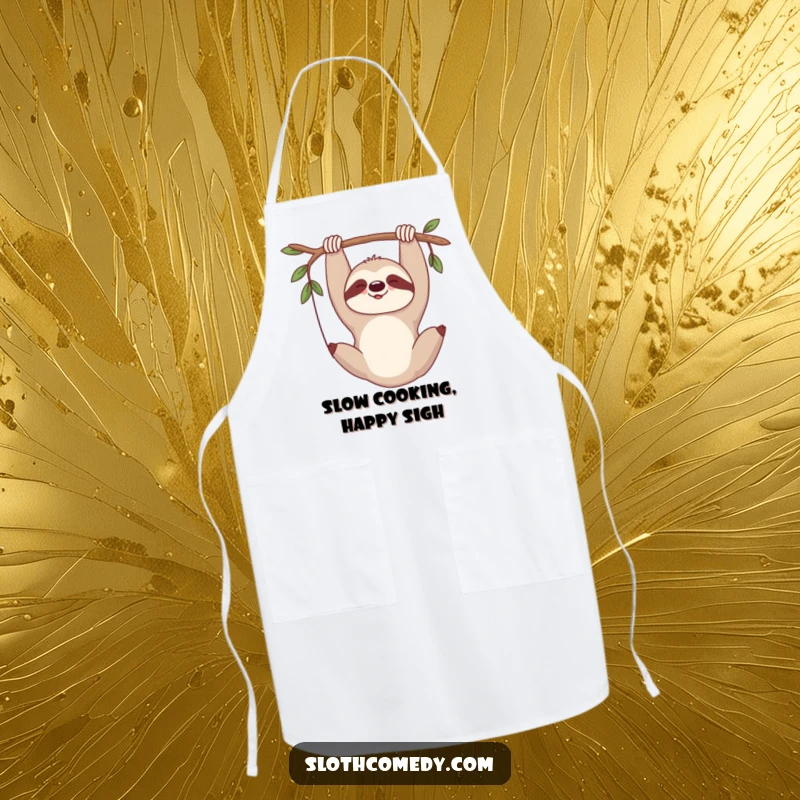 Funny apron with a sloth hanging upside down, sighing contently, bringing calm to cooking.