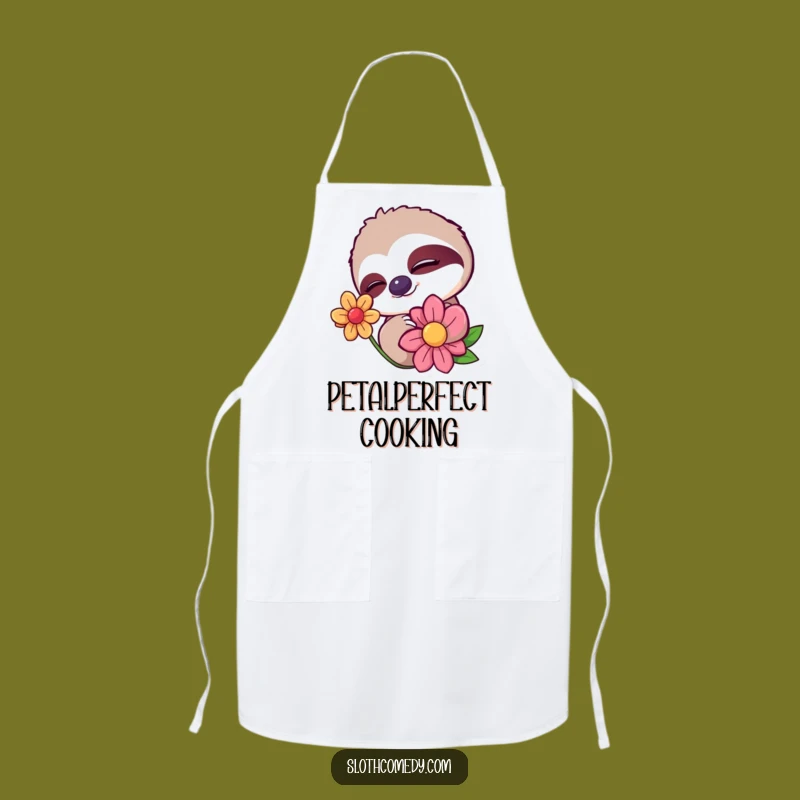 Cook with gentle humor using this funny sloth apron! Featuring a sleepy character winking at a flower, it adds charm to your kitchen.