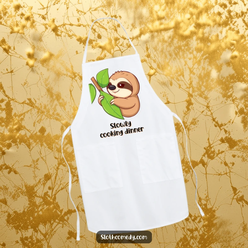 Funny apron showing a sloth with one eye open slowly reaching for a leaf, ideal for kitchen use and slow cooking, a funny gift.