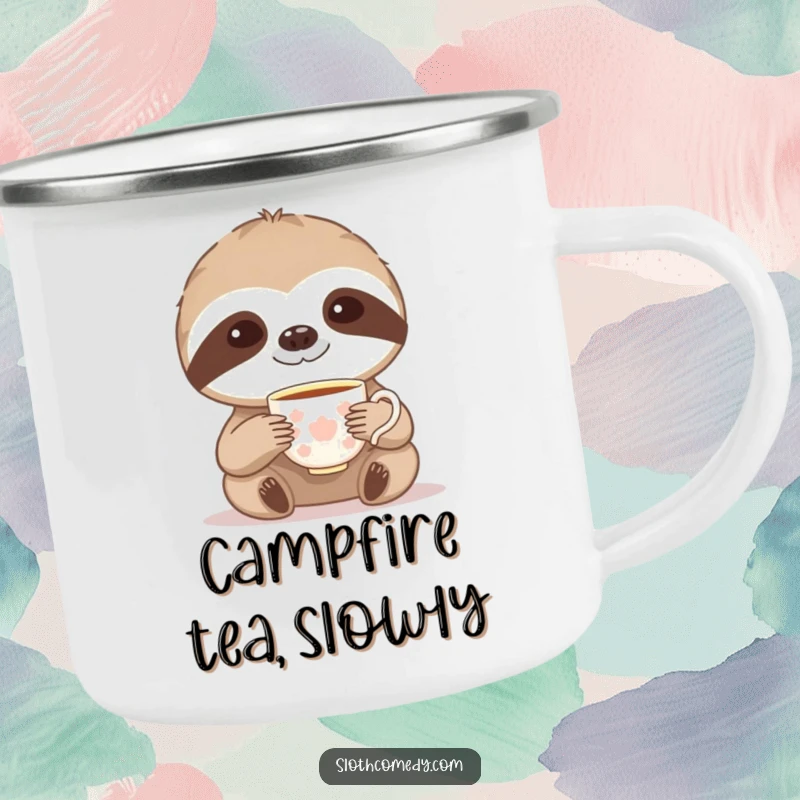 Funny camping mug with a sloth gracefully lifting a tiny teacup, embodying elegant outdoor humor.