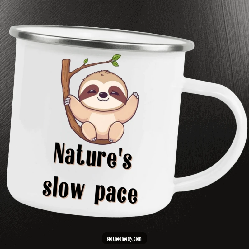 Funny Kawaii Sloth Camping Mug: Durable enamel cup with a sloth hanging from a branch with a slow smile, perfect for outdoor beverages.