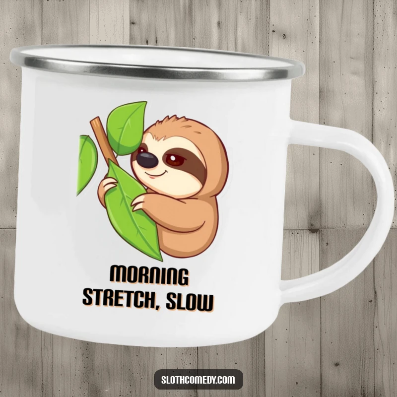 Funny camping mug featuring a sloth slowly reaching for a leaf, designed for relaxed outdoor experiences, a durable funny gift.