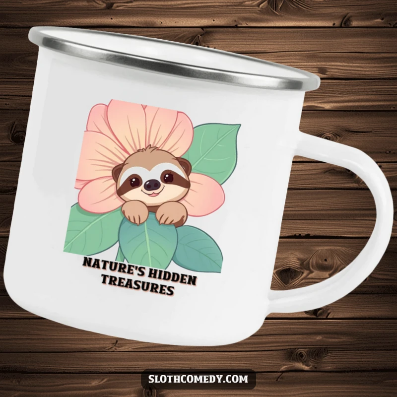 Funny Sloth Camping Mug: A smiling sloth character peeks from behind a large flower, bringing a humorous and charming surprise to outdoor drinks.