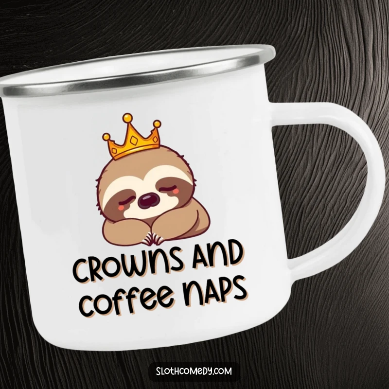 Funny sloth king wearing a tiny crown, napping on a rugged camping mug. Ideal funny gift for adventurers.