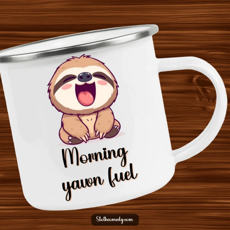 Funny sloth camping mug showing a sloth yawning widely with its pink mouth, perfect for relaxed adventures.