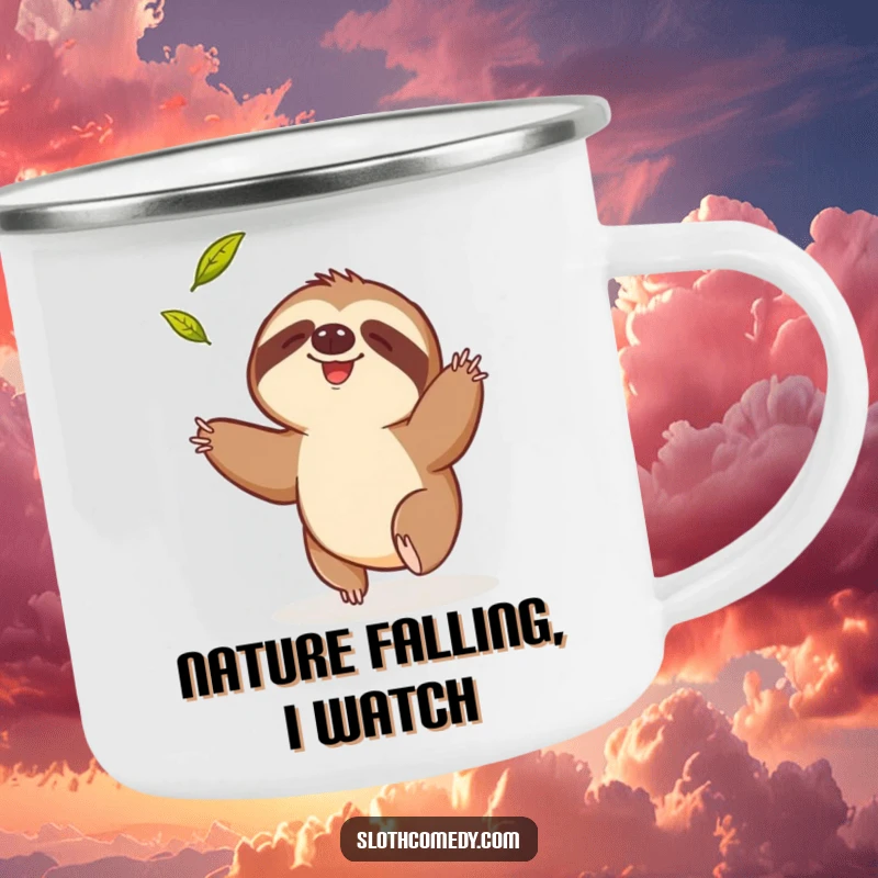 Funny camping mug featuring a sloth comically trying to catch a falling leaf, ideal for humorous outdoor adventures.