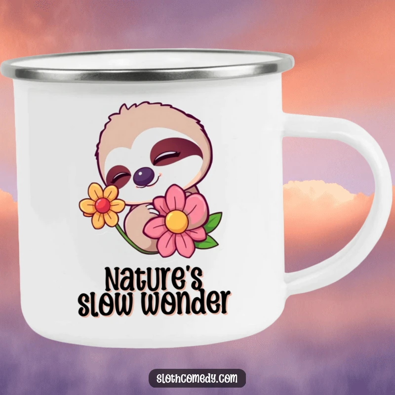 Funny camping mug showing a sloth character giving a sleepy wink while slowly blinking at a colorful flower. Perfect for calm outdoor enjoyment.