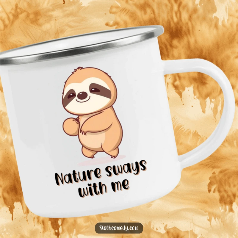 Funny Kawaii Sloth Camping Mug: A sloth sways gently, perfect for humorous, slow enjoyment of beverages outdoors.