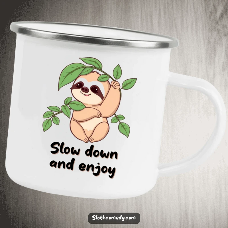 Funny Sloth Camping Mug: A sloth character performs a slow wave with a leafy branch, bringing humorous nature vibes to outdoor drinks.