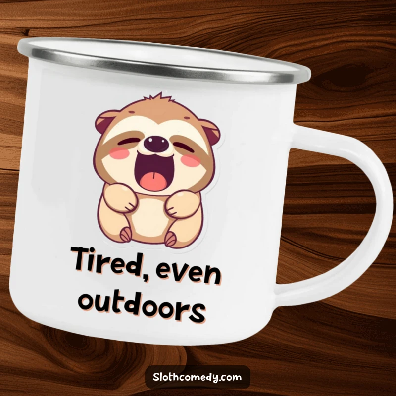 Funny Kawaii Sloth Camping Mug, featuring a cute sloth with sleepy eyes yawning widely, perfect for outdoor adventures and slow mornings.