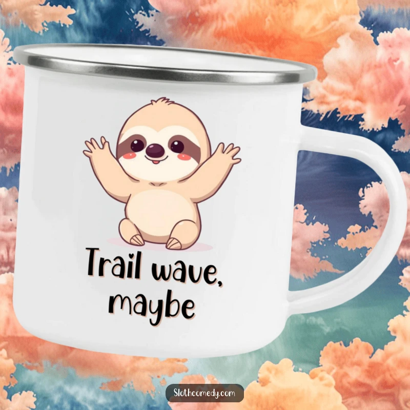 Funny kawaii sloth doing a very slow, deliberate wave on a camping mug, for humorous and relaxed adventures.