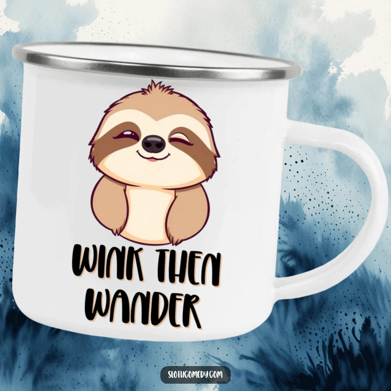 Funny camping mug showcasing a playful sloth character winking, ideal for outdoor humor.