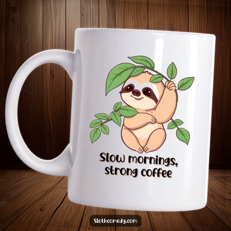 Funny Sloth Mug: A slow-moving sloth character gently waves a leafy branch, offering a calm and humorous greeting.