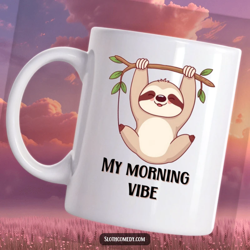 Funny mug featuring a sloth hanging upside down, exhaling a contented sigh of pure relaxation.
