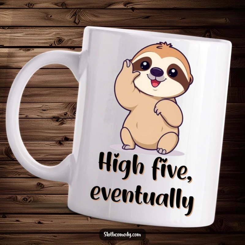 Funny mug showing a sloth hilariously attempting a very slow, deliberate high-five, capturing the spirit of effort and humor.