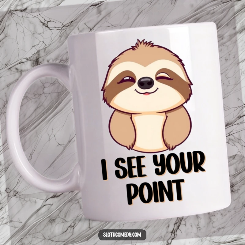 Funny mug featuring a sloth with one eye playfully closed in a charming wink, exuding laid-back humor.