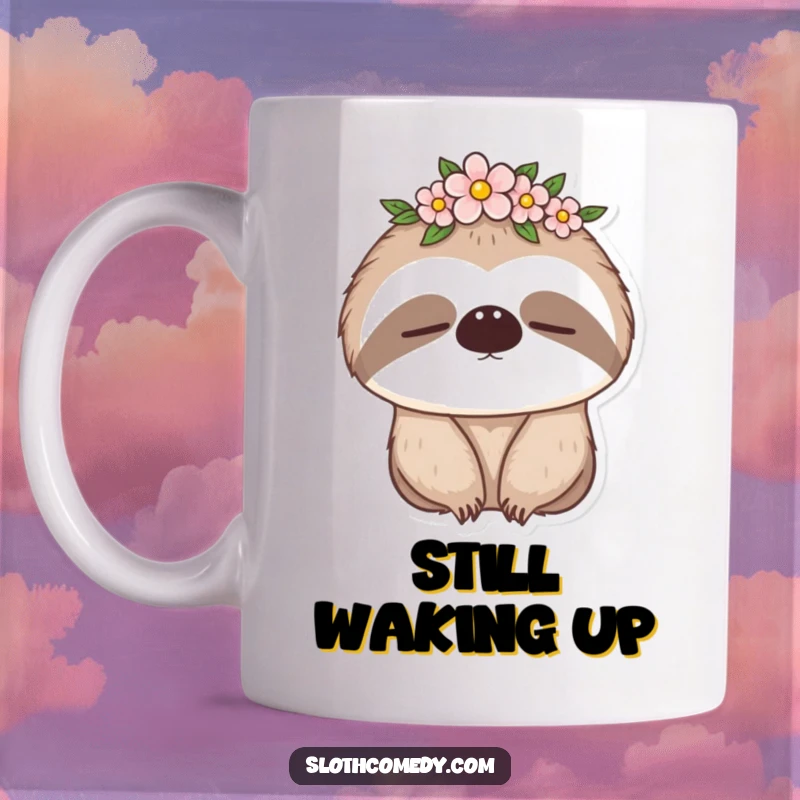 Funny mug showcasing a cute sloth wearing a small flower crown while blinking sleepily, embodying tranquility and humor, a funny gift.