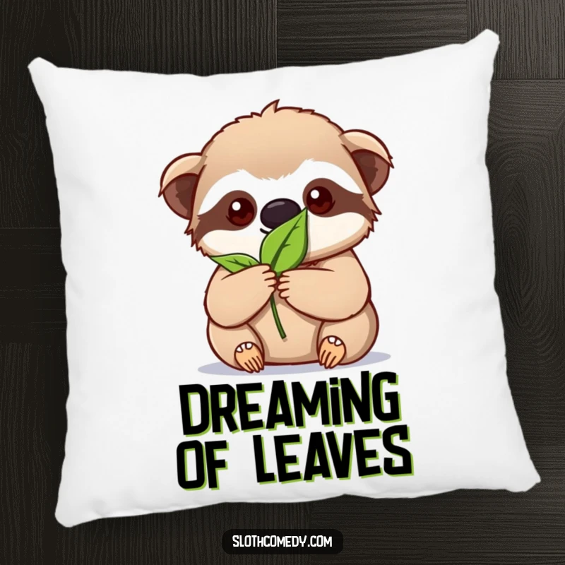 Funny kawaii sloth pillow featuring a sloth with intense focus on a single leaf, perfect for cozy contemplation.