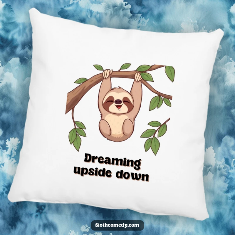 Funny decorative pillow featuring a sloth giggling while hanging upside down from a branch, offering a soft and humorous touch.