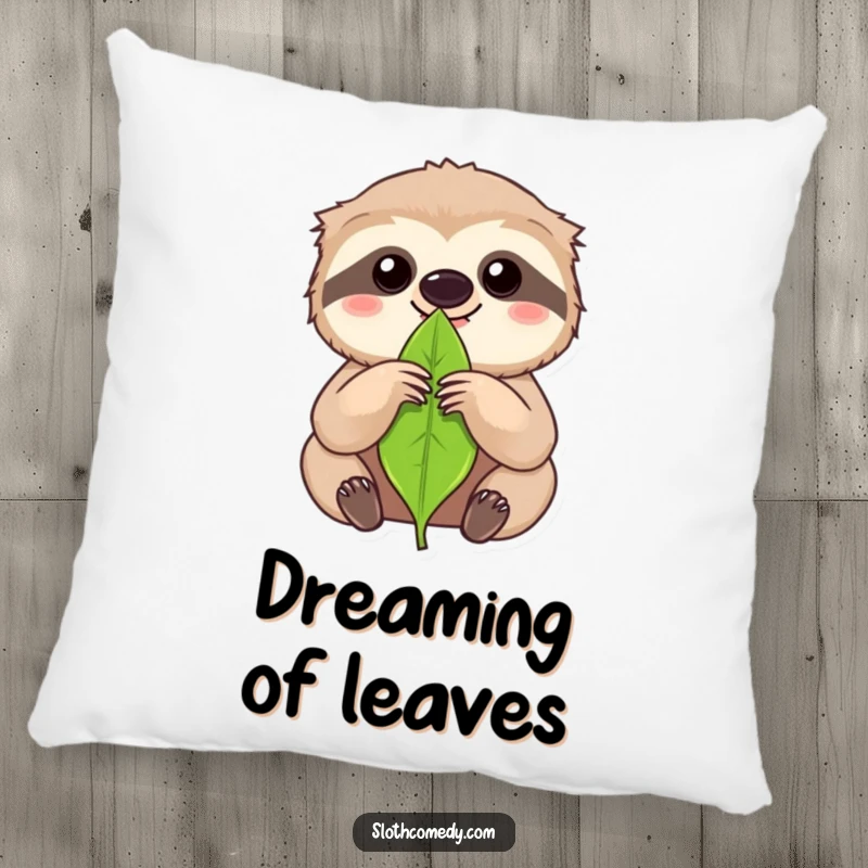 Funny kawaii sloth holding a single leaf with intense focus on a pillow, offering humorous comfort and support.