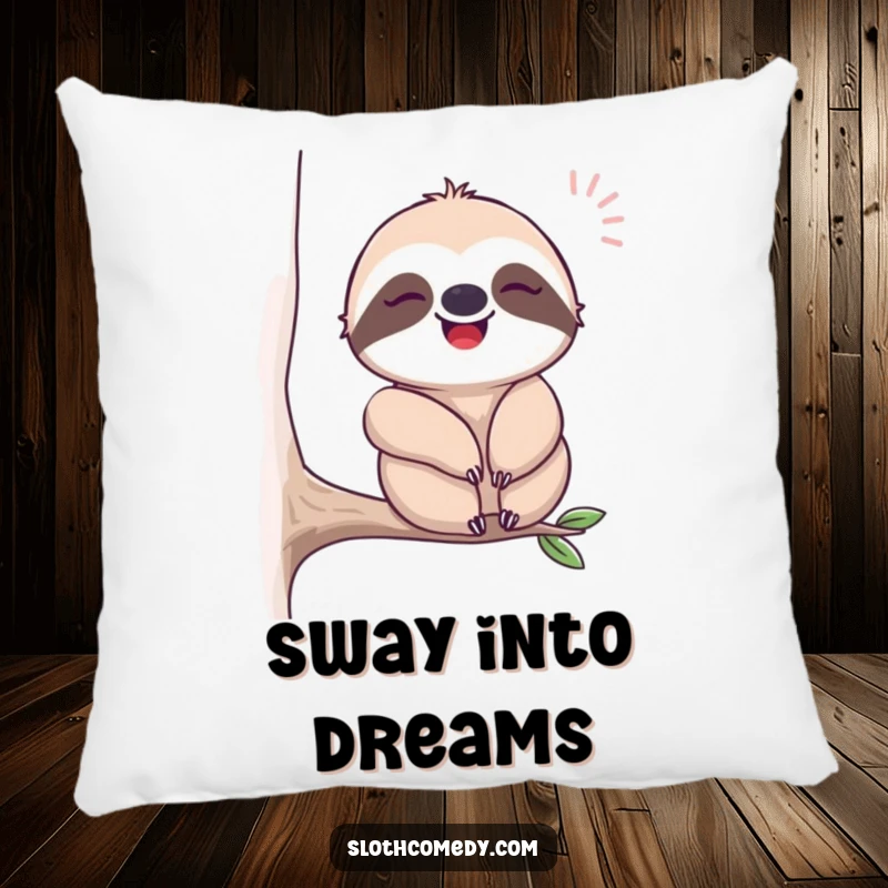 Funny pillow featuring a sloth sighing contentedly while swaying, perfect for adding humorous comfort and relaxation to any space.