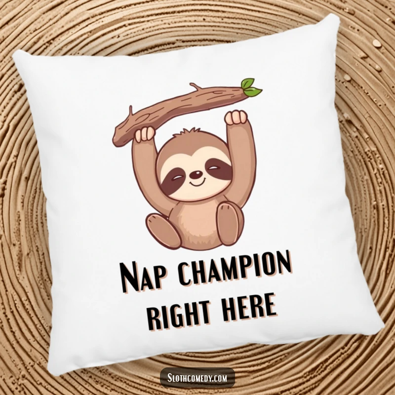 Funny kawaii sloth pillow featuring a slow-smiling sloth hanging from a decorative branch, perfect for cozy comfort.