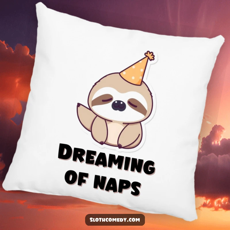 Funny kawaii sloth wearing a tiny party hat, looking sleepy on a pillow, providing humorous comfort.