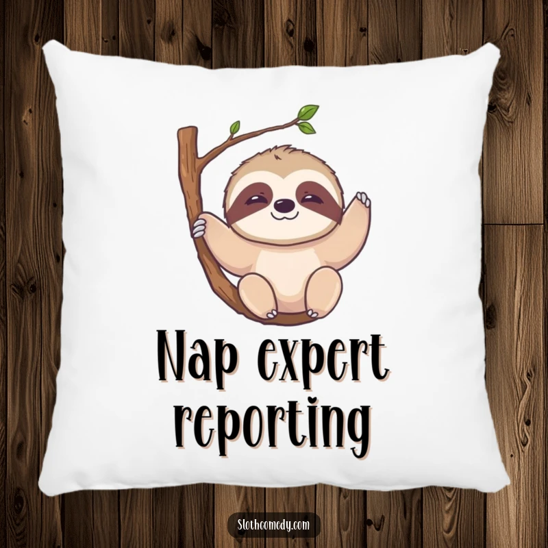 Funny Kawaii Sloth Pillow: A soft, plush pillow featuring a sloth with a slow smile, hanging from a branch, offering comfort and peace.