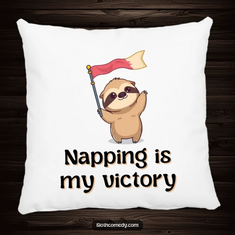Funny decorative pillow featuring a sloth character slowly waving an oversized flag, offering a soft and humorous touch.