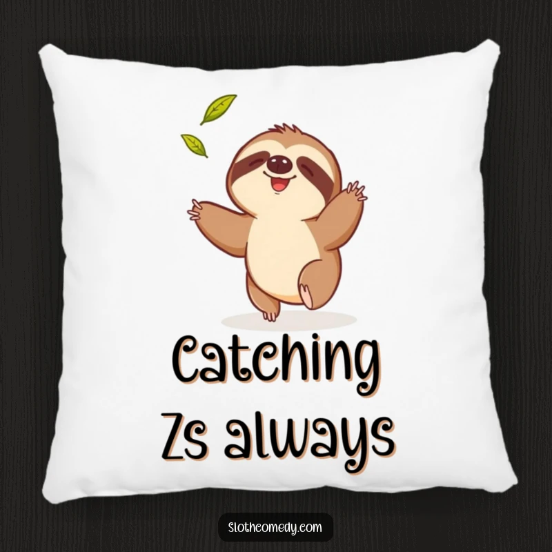 Funny decorative pillow featuring a sloth comically trying to catch a falling leaf, offering a soft and humorous touch.