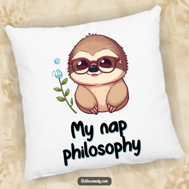Funny pillow showcasing a sloth in spectacles, thoughtfully observing a dewdrop, adding humorous decor.
