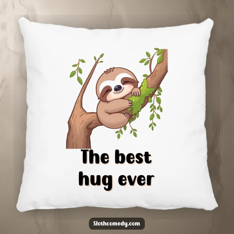Funny sloth pillow with a content sloth hugging a mossy branch, symbolizing nature's embrace and ultimate comfort.