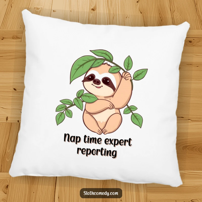 Funny Sloth Pillow: A sloth character performs a slow, gentle wave with a leafy branch, adding a humorous and tranquil touch.