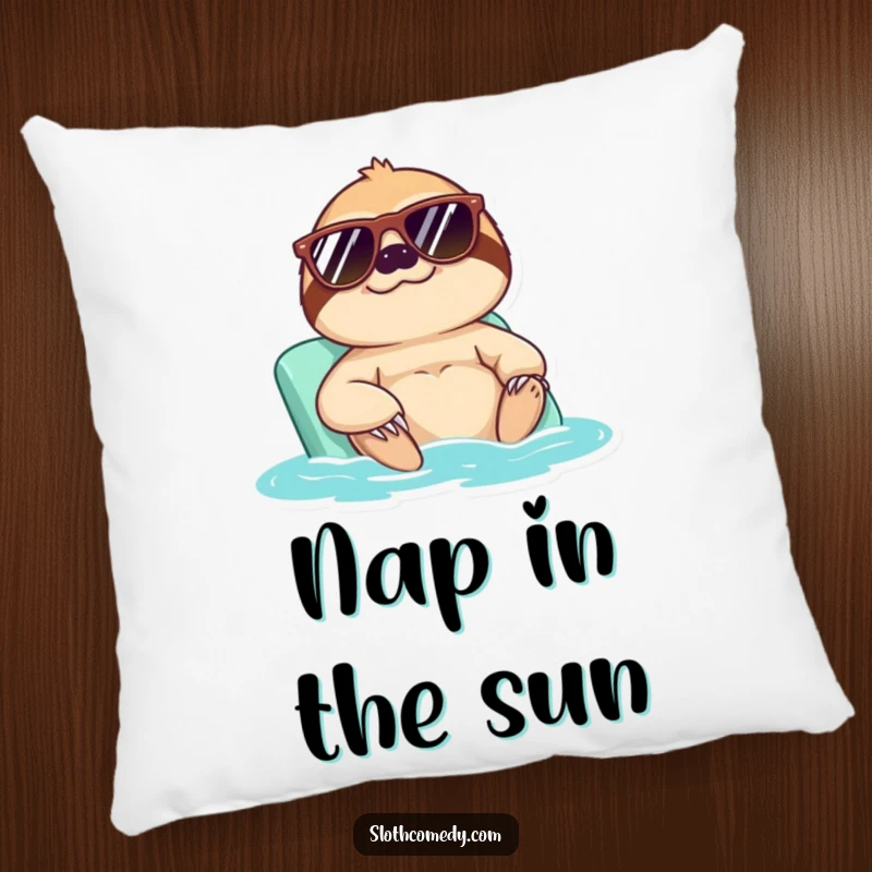 Funny pillow featuring a cool sloth in sunglasses enjoying a sunbath, perfect for adding humorous comfort and laid-back vibes.