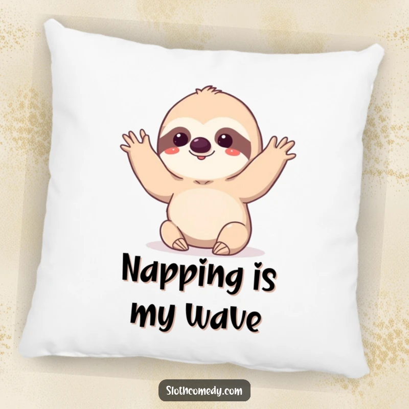 Funny kawaii sloth doing a very slow, deliberate wave on a pillow, offering humorous comfort and gentle vibes.