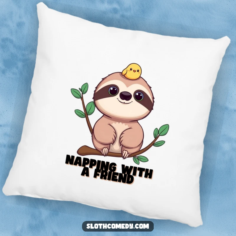 Funny sloth and bird pillow, a soft cushion featuring a sloth peacefully holding a tiny, cheerful bird on its head.