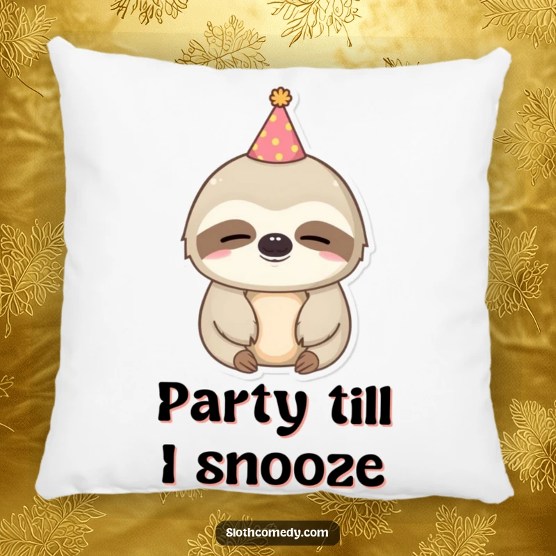 Funny kawaii sloth pillow featuring a sleepy sloth wearing a tiny party hat, perfect for ultimate cozy comfort.