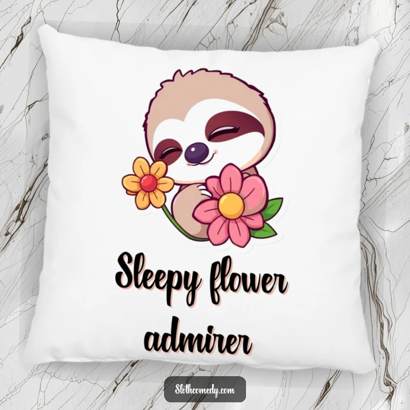 Funny pillow with a sloth character giving a sleepy wink while slowly blinking at a colorful flower, bringing humor and comfort.