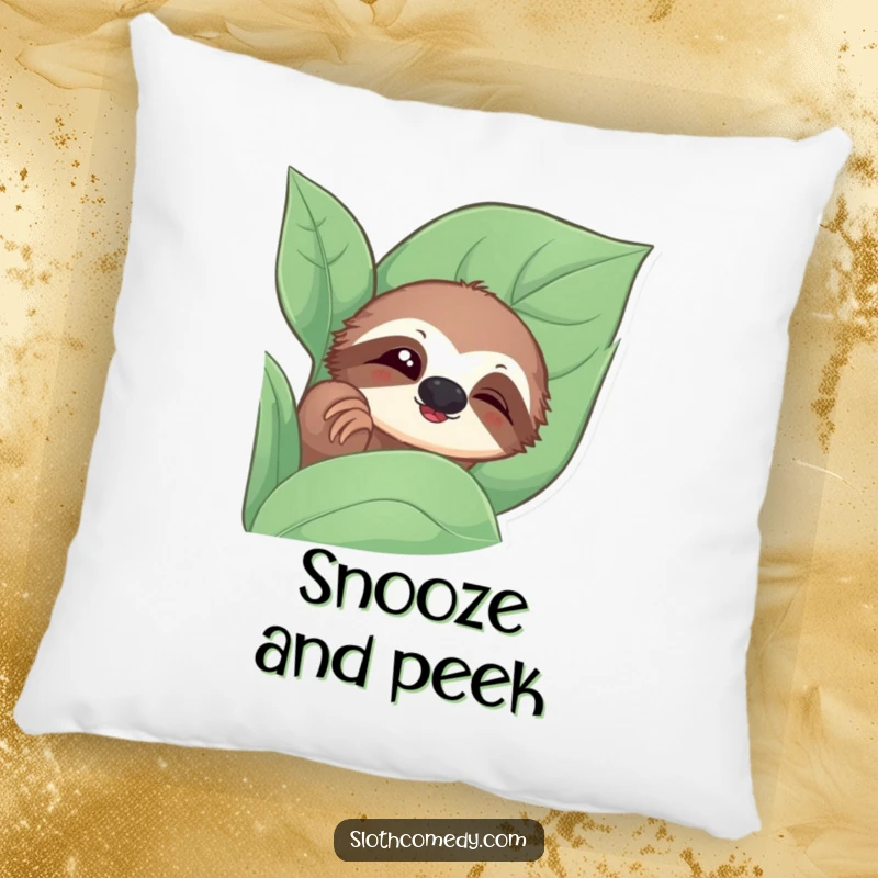 Funny pillow featuring a sloth peeking from a leaf with a slow blink, adding humorous comfort.