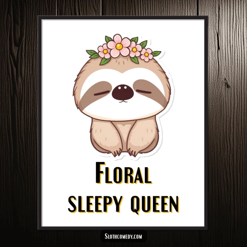 Funny digital art print of a sleepy sloth wearing a flower crown, evoking peace and gentle humor, a downloadable funny gift.