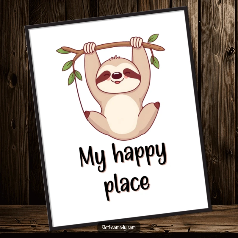 Funny digital art print of a sloth hanging upside down, sighing contently, bringing calm humor.