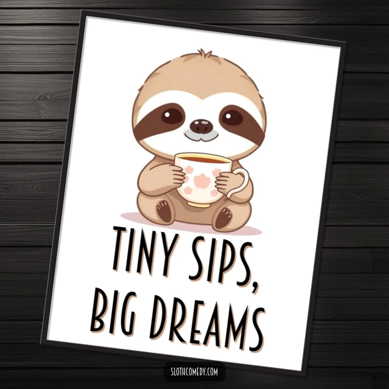 Funny digital art print of a sloth gracefully lifting a tiny teacup, showcasing elegant, slow humor.