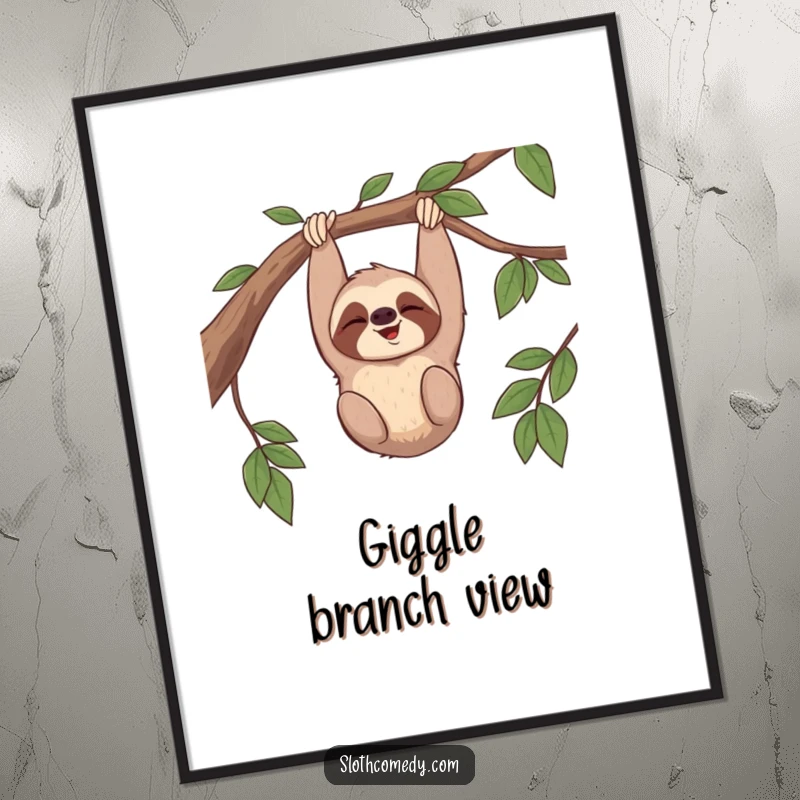 Funny digital art print of a sloth giggling while hanging upside down from a branch, perfect for adding humorous and joyful decor.