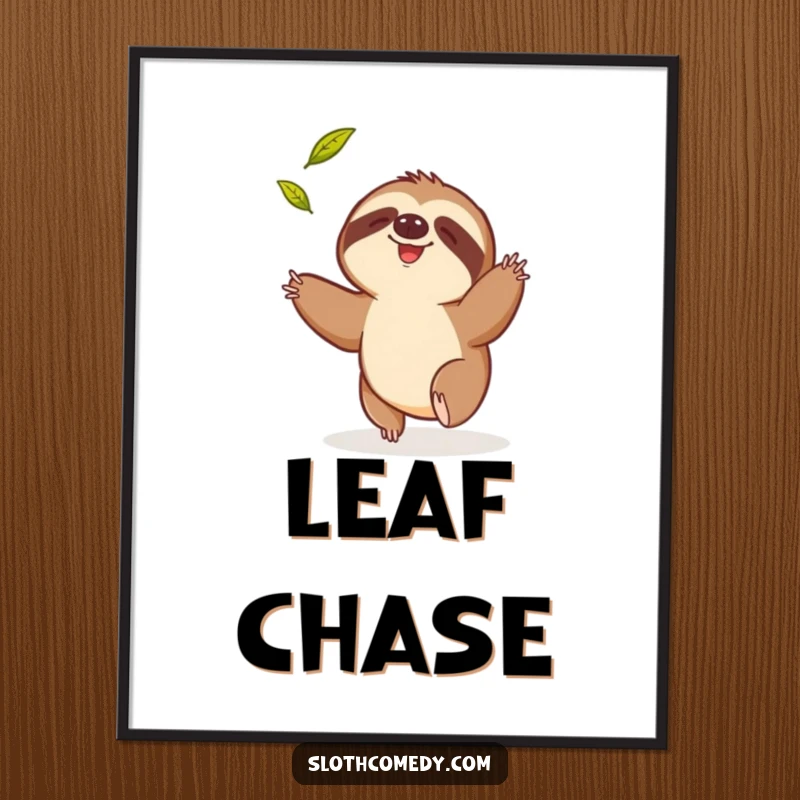 Funny digital art print of a sloth comically trying to catch a falling leaf, perfect for adding humorous and determined decor.