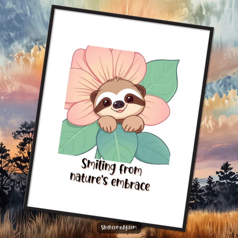 Funny Sloth Digital Art: A smiling sloth character peeks from behind a large flower, creating a humorous and endearing scene.